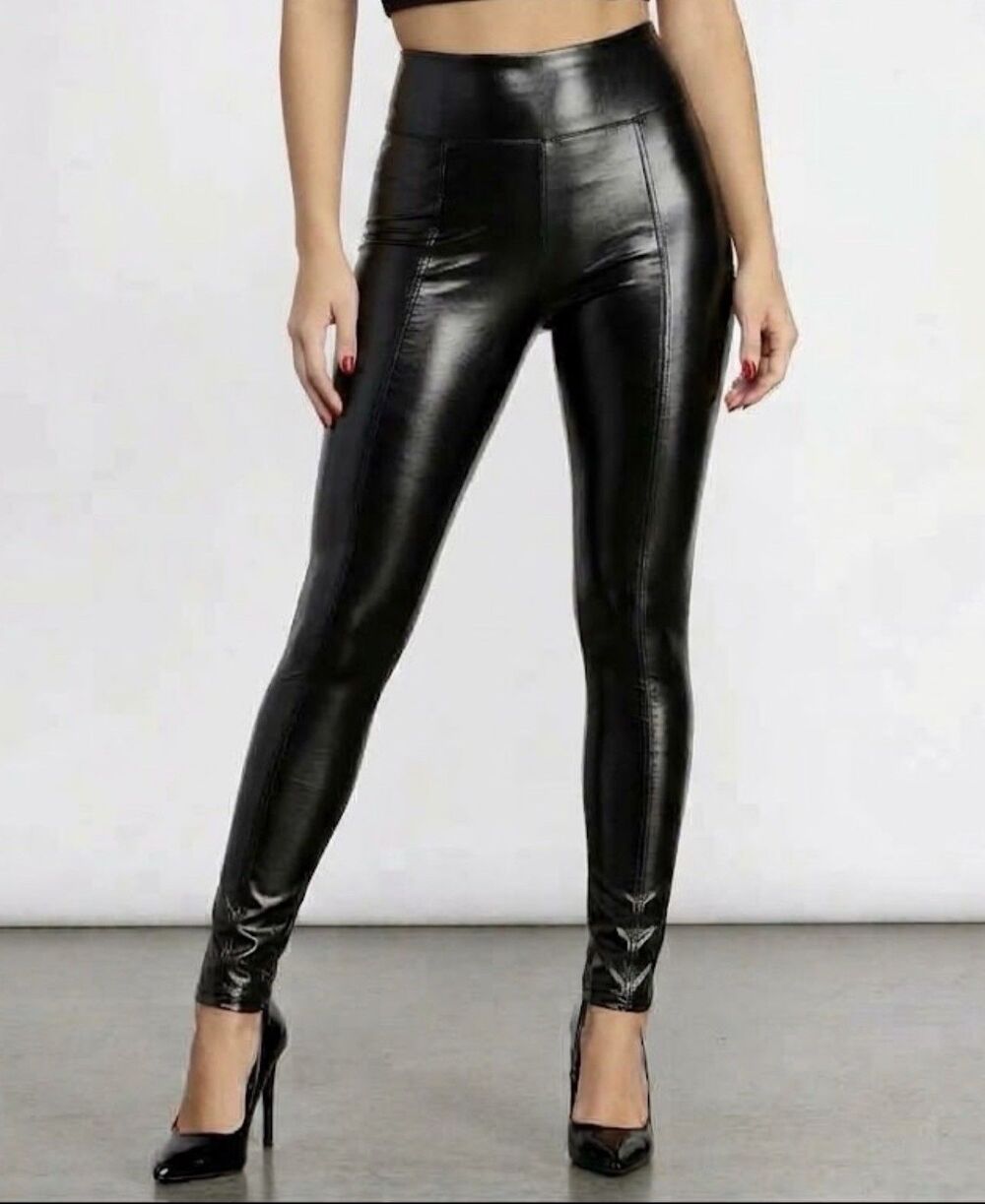 Spanx Faux Patent Shiny Leather Leggings Black High Rise Shaping Size XS Petite